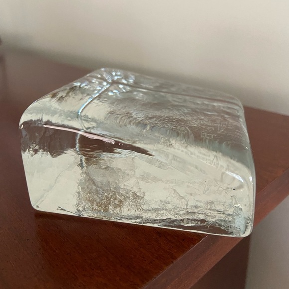 Recycled Glass Clear Wedge Paperweight Etched Lighthouse Blenko - Picture 5 of 9